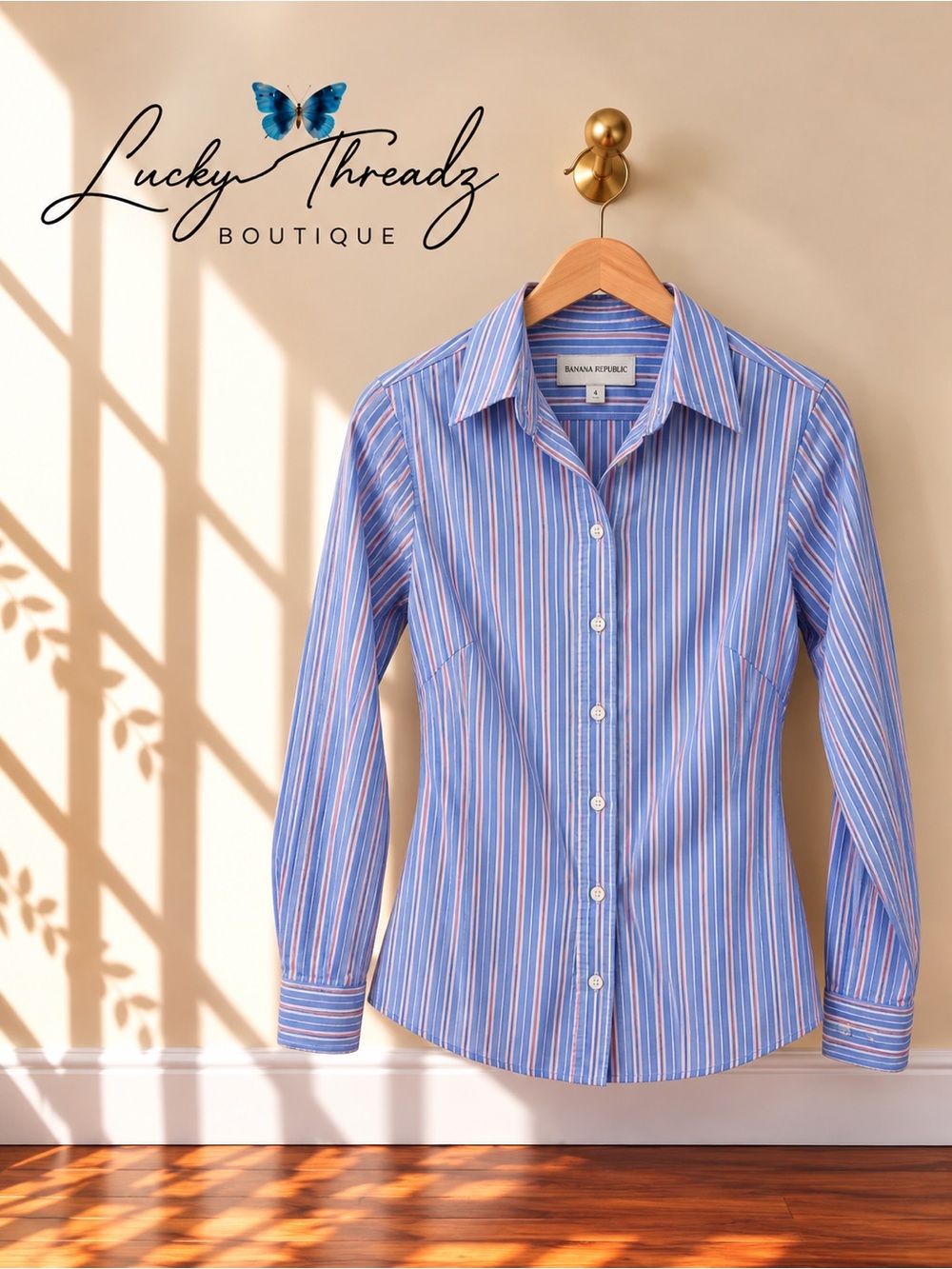 Banana Republic Non-Iron Fitted Shirt Women 4 Blue Pink Striped Button Down